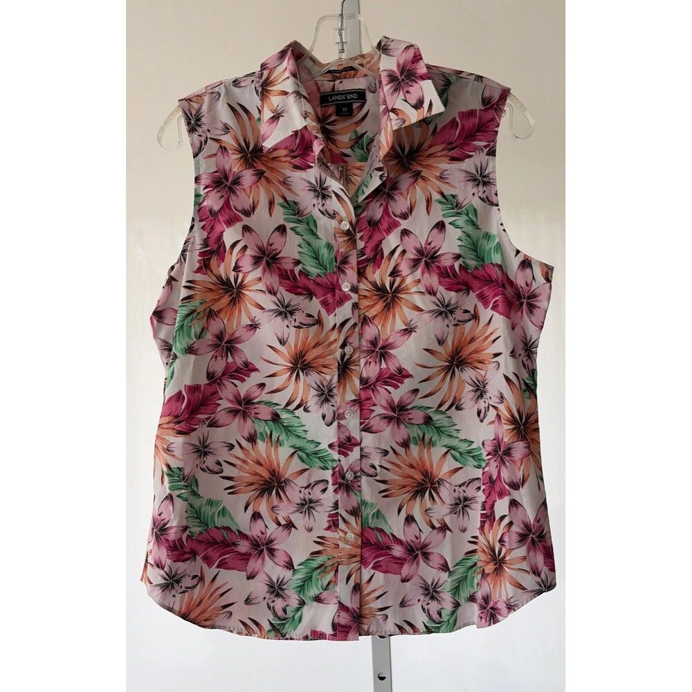 Lands End Tropical Floral No Iron Sleeveless Button Down Top Cotton Woman 12
